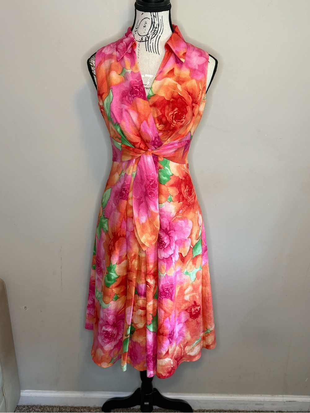 Jones New York Pink & Orange Floral Halter Midi Dress - Size 4P